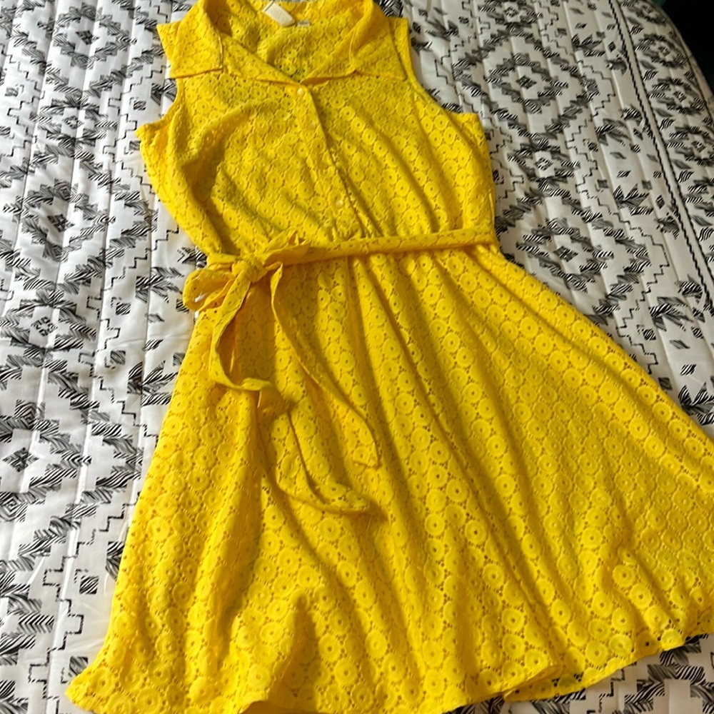 Emma & Michele Yellow Eyelet Belted Sleeveless Dress
